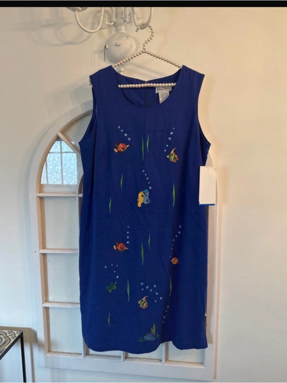 90s  Sleeveless Navy Embroidered nautical Shift Dress